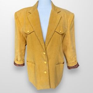 Vintage Womens 11 / 12 Corduroy‎ Blazer Button Front Shoulder Pads Golden Yellow